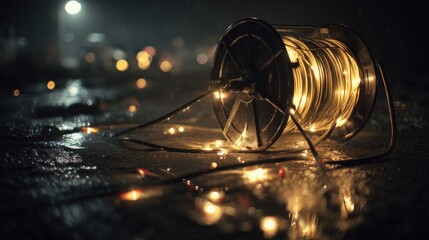 Obraz premium Close up of illuminated wire spool with bokeh lights in a dark setting