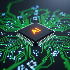 Macro Close-Up: Orange Glowing 'AI' Microchip on Detailed Dark Green Circuit Board with Luminous Green Traces and Soft Blue Connections, Representing Advanced Computing.