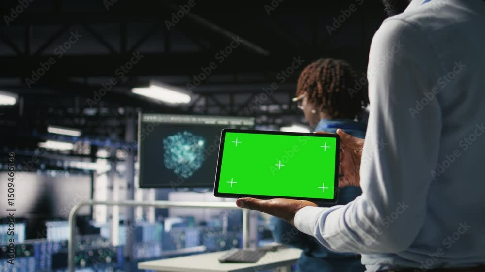 Poster close up of it experts using chroma key device to analyze neural networks outputs. data center admin