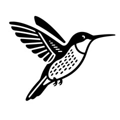 A black illustration of a hummingbird in flight.