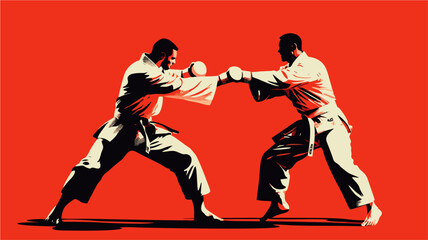 Two Karate Fighters in Action, Striking Poses, Intense Martial Arts Combat