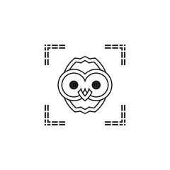 Owl face icon. Framed cartoon symbol. Line drawing vector. Rounded eyes graphic.