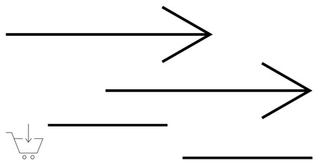Bold arrows pointing right evoke progress, direction, speed. Small shopping cart suggests e-commerce, online shopping, or logistics. Ideal for business, targets, growth e-commerce efficiency © robu_s