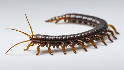 Obraz premium Full-body centipede larva in crawling pose with leg segments aligned, isolated on white