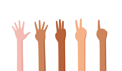 Flat cartoon hand count gesture set. Bare arms display counted numbers with expressive fingers and palms. Ideal for math education and illustration concepts in diverse settings.