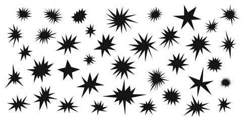 Hand drawn vector set of abstract black shine star shapes. Quirky doodle geometric vector sparkles and stars elements for graphic design, pattern, greeting cards, banner decoration, sticker