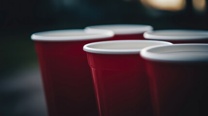 Party concept: Close-up on a group of red disposable cups, ideal for casual gathering or event advertisement