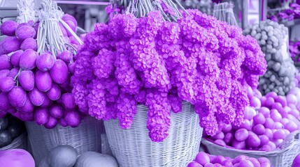 Vibrant Purple Flowers and Fruits Market Still Life