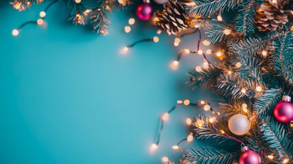 Holiday: Festive Christmas decoration on blue surface. Design for social media card, holiday print and greeting card.