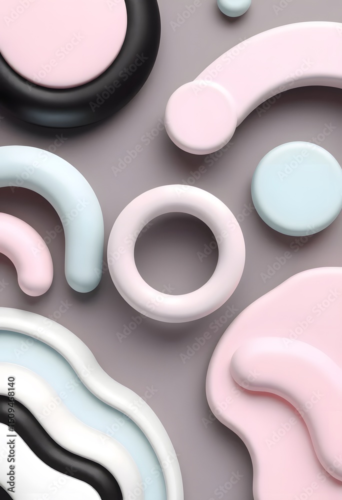 Leinwandbilder retro shapes in 3d render, smooth contrasts of black and white tones. pastel gradient finishes creat