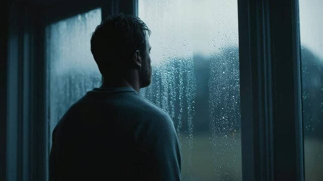 A thoughtful man looking out a rain-soaked window, lost in reflection during a moody rainy day, ideal for themes of solitude and contemplation.

