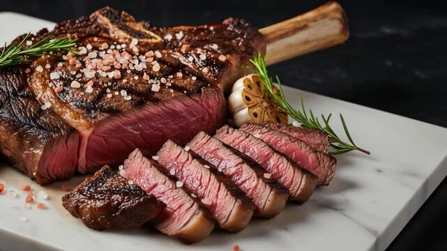 A mouthwatering, perfectly cooked tomahawk steak with fresh herbs, showcasing its juicy interior. 
