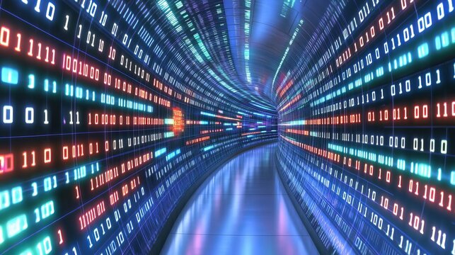 Abstract Digital Tunnel Binary Code Data Stream Futuristic Technology Background Neon Lights Colorful glowing lines vibrant colors modern design digital art vector illustration