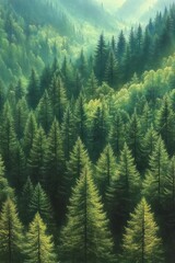 Obraz premium Dense evergreen forest bathed in soft sunlight with layers of green trees stretching into misty mountains in the background, evoking peace and natural beauty