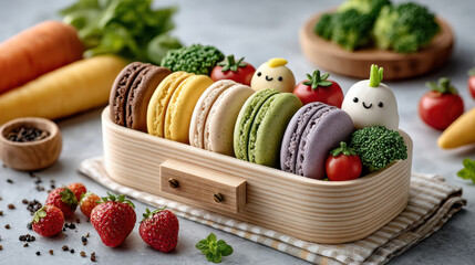 Assorted colorful macarons with cute faces and fresh vegetables on wooden tray for baby