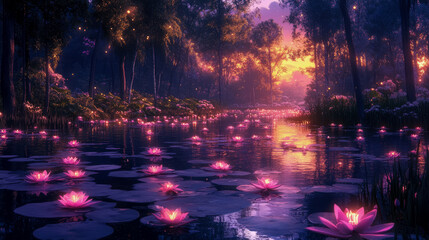 Enchanting serene pond reflecting a sunset with illuminated waterlily