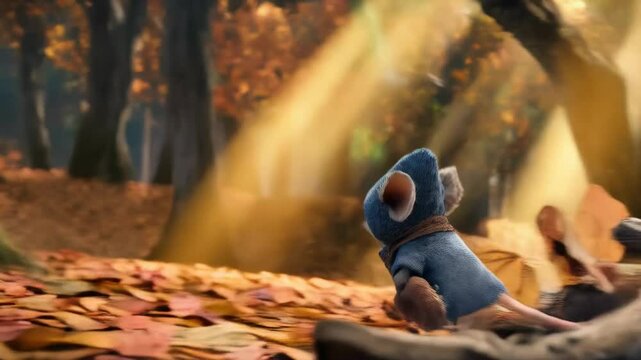 Cute rodent warrior wearing hooded cloak holding small sword poses in the forest, fantasy concept illustration