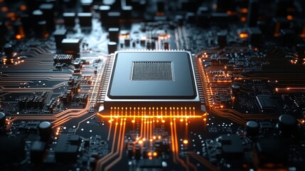 Close-up view of a glowing central processing unit mounted on a dark printed circuit board with intricate circuitry and radiant orange electronic traces