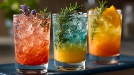 Fototapeta premium Colorful cocktails are served chilled in glasses filled with ice, garnished with herbs and flowers, perfectly suited for a warm summer afternoon gathering