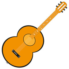 Classic guitar shape. Orange wooden body. Detailed string elements. Musical concept illustration.