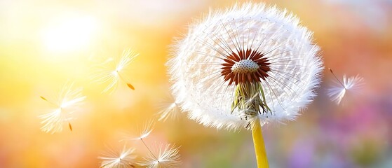 Dandelion seeds floating in the sun
