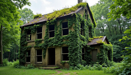 Abandoned house is consumed by nature, with vines and moss covering the decaying walls and roof.