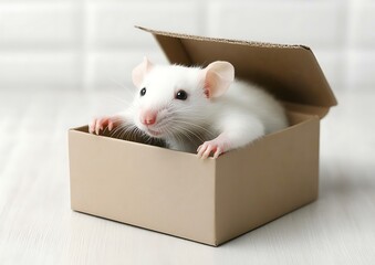 Fototapeta premium White rat in a cardboard box