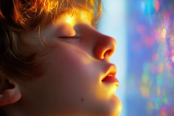 Close-up profile of a child's face illuminated by sunlight.