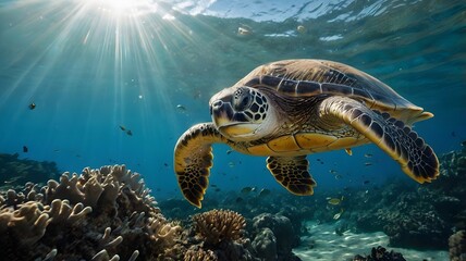 Fototapeta premium Underwater photography - Curious sea turtle near reef structure