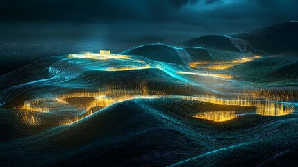 Abstract Futuristic Landscape Digital Art Golden Teal Night Hills Technology Background Modern Design Sci Fi Illustration Vibrant Energy Flowing Lines Graphic Design Element Wave  