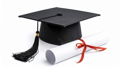 Graduation Cap and Diploma isolated on a white background