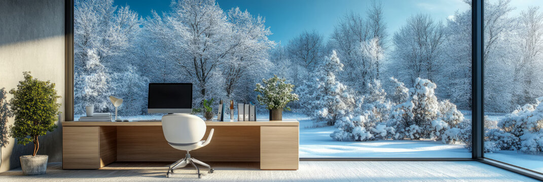 Concept: Winter serenity in the workplace; Home office setup with a view of a snow-covered forest, ideal for remote work, study, or creative pursuit.