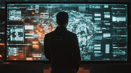 Man Observing Global Network Data on Large Screen Futuristic Technology Interface Digital World Map Modern Business Analytics Software System Monitoring Cyber Security Specialist  