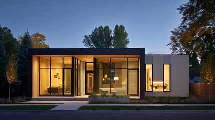 Fototapeta premium Modern minimalist house exterior at twilight with warm glowing interior lights through large windows, showcasing sleek architecture and peaceful residential ambiance