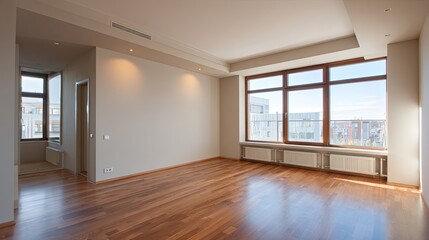 Spacious empty modern interior with wooden flooring, neutral color walls, and minimalistic architectural design in a wide angle view