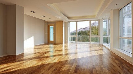 Fototapeta premium Spacious empty modern interior with wooden flooring, neutral color walls, and minimalistic architectural design in a wide angle view