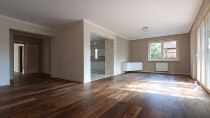 Fototapeta premium Spacious empty modern interior with wooden flooring, neutral color walls, and minimalistic architectural design in a wide angle view