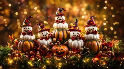 Obraz premium Halloween Pumpkins Witches Hats Autumn Festive Decor