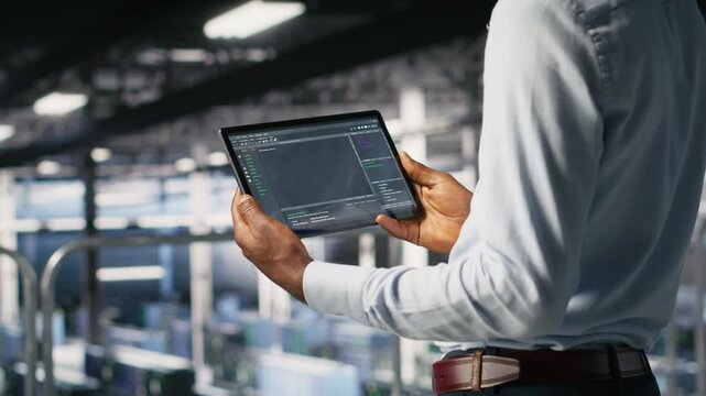 Close up of data center programmer looking at code debugging tools running on tablet. Server farm IT professional checking machine learning script automating tasks, camera B