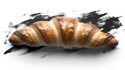 Fresh croissant on white background with artistic black paint strokes
