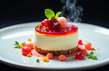 A modern molecular dessert featuring a creamy cheesecake base topped with vibrant red jelly, fresh berries, and mint leaves. Stylishly presented on a white plate.