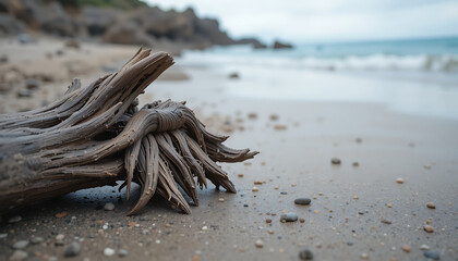 Driftwood rests on sandy shore with gentle waves lapping in a serene coastal setting at dawn