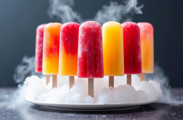 Colorful popsicles arranged in a circular pattern on a white plate, vibrant red, orange, and yellow hues. Smoke surrounds the plate, enhancing the modern presentation.