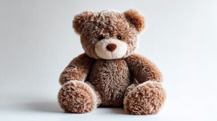 Fototapeta premium A cuddly teddy bear with a soft, fluffy texture rests on a clean white background. Its friendly expression and warm colors make it an ideal companion or decorative piece for any space