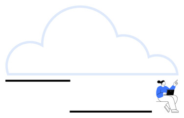Person sitting with a laptop next to a large cloud, emphasizing digital innovation. Ideal for technology, cloud computing, teamwork, remote work, data storage, networking, creative designs simple