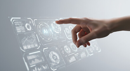 Futuristic Interface interaction: A hand interacts with a transparent, modern interface, touching a screen, highlighting the concepts of digital technology, innovation and future.