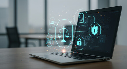 Digital Law & Security: A laptop showcases a dynamic digital overlay depicting law and security elements, symbolizing data protection, legal compliance, and secure online presence. 