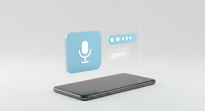 Voice Command Interface: A smartphone sits at the center, displaying an interface with a microphone icon and abstract communication cues, signaling technological innovation and user interaction.  - Powered by Adobe