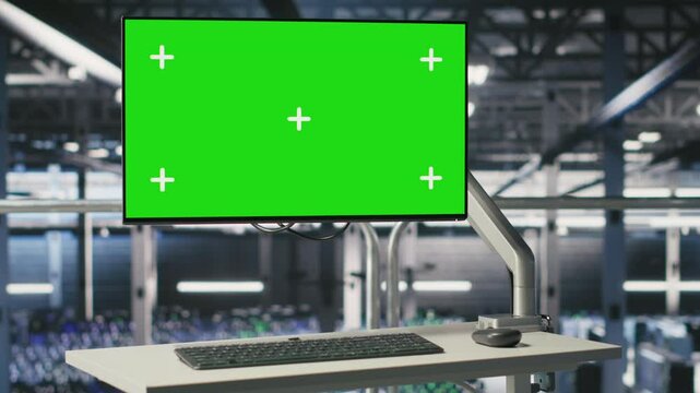 Server hub green screen computer monitoring systems processing deep learning datasets for AI workflows. PC chroma key displays tracking hardware supporting artificial intelligence model development