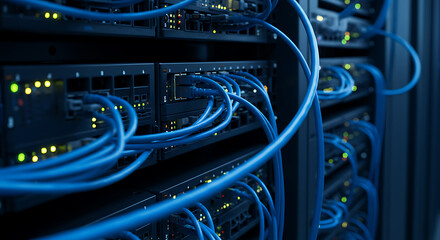 Network Server Rack Hardware with Blue Cables and Blinking Lights Detail Photo for Data Center Connectivity Infrastructure